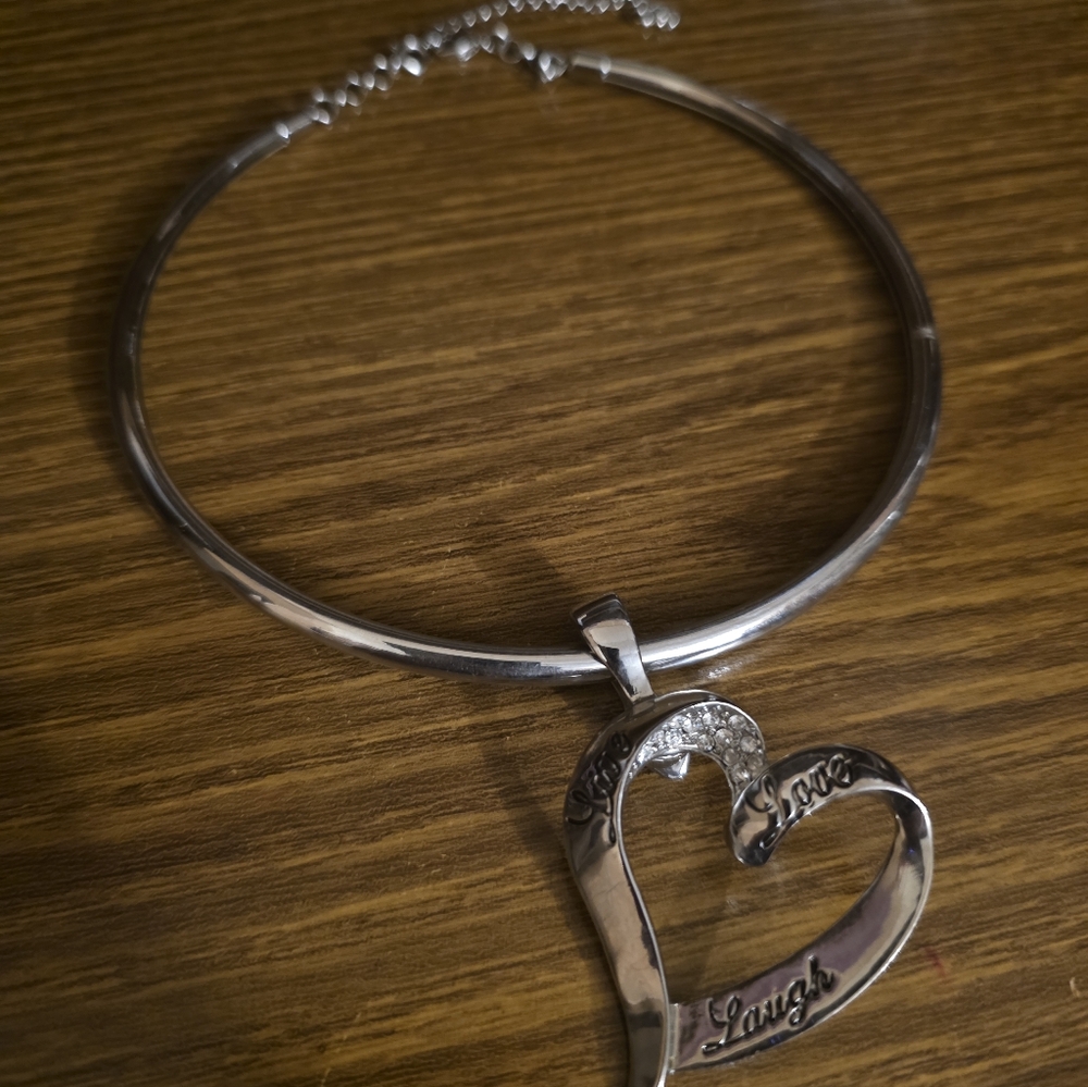 Roman Silver Heart Pendant Necklace - Inspirational "Live Love Laugh" Design